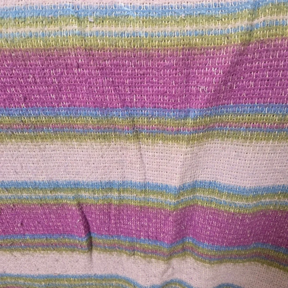 Vintage Woven Striped Thermal Blanket Purple Pink Blue Green Satin Trim 70x80